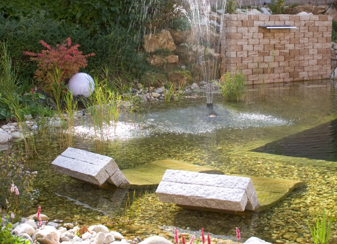 Schwimmteich mit Sitzelementen aus Beton im Wasser 