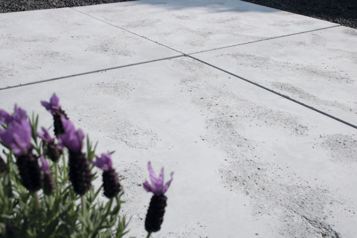 Hochleistungsbeton mit porösen Einschlüssen und Blumen im linken Bildeck.