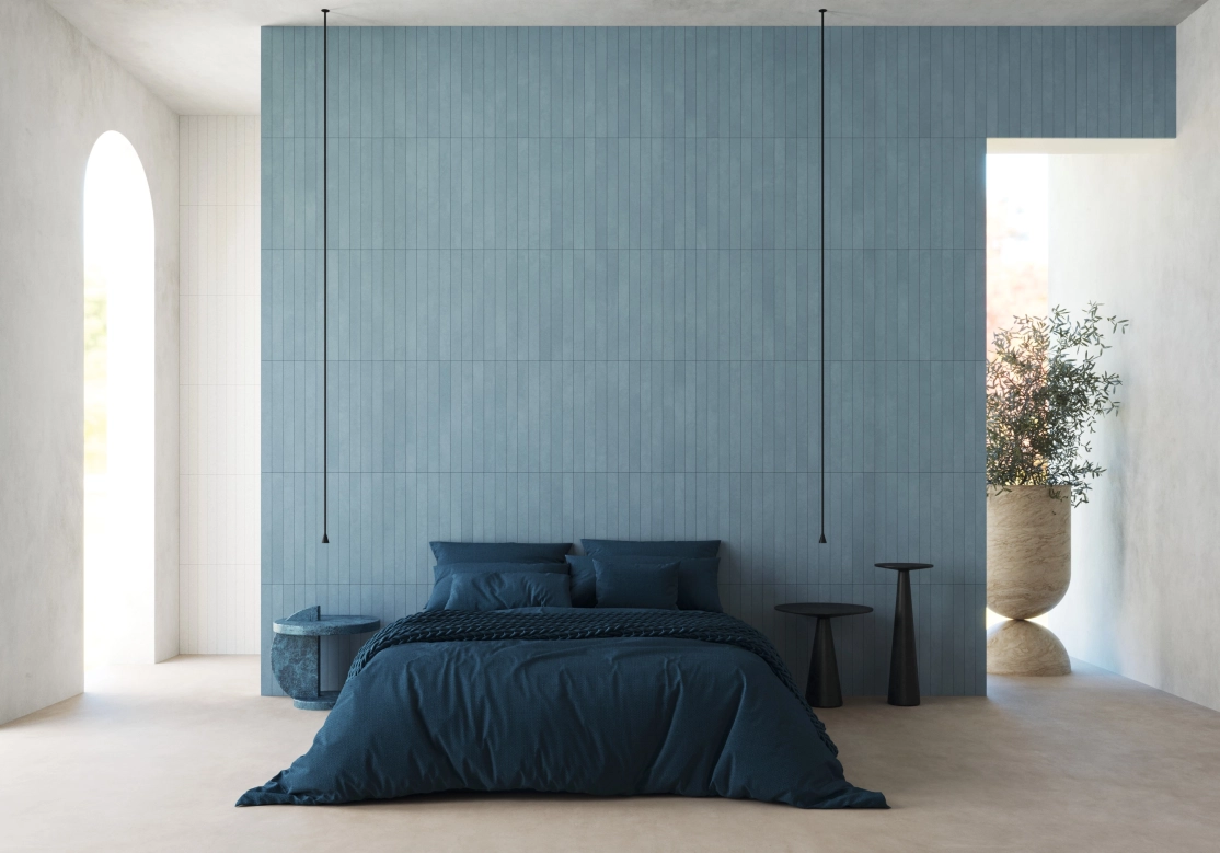 Schlafzimmer mit Designfliesen aus Beton