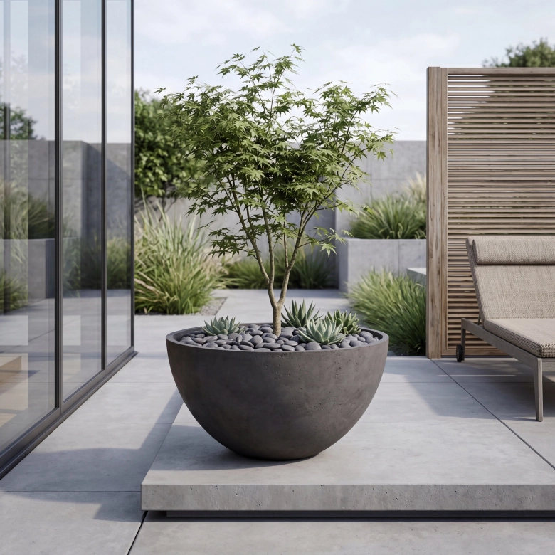 Arbo planter von Gravelli in der Farbe Taupe auf einen modernen Terrasse