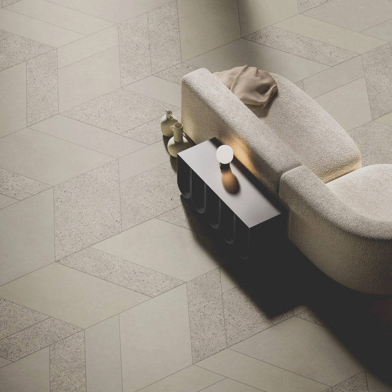 GDM.AWA tile: Verlegemuster gemischt, Farbe Sand-Beige und Terrazzo