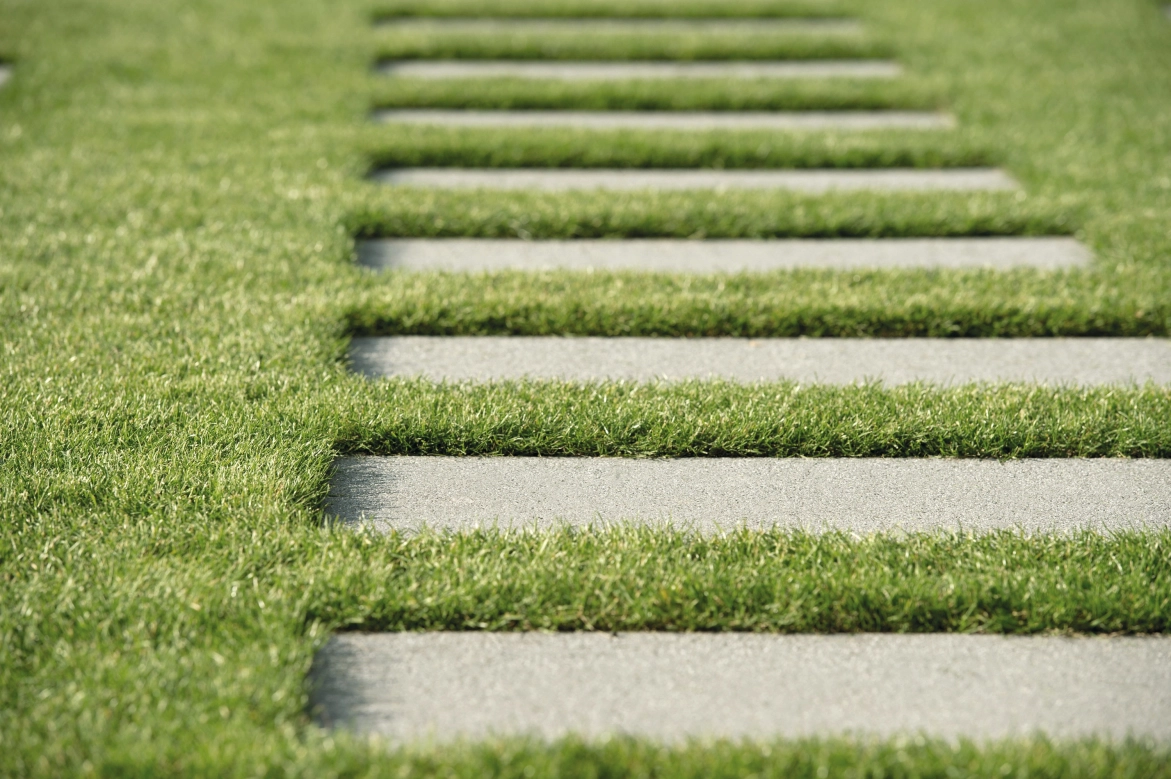 Platten als Gehweg durch eine Wiese