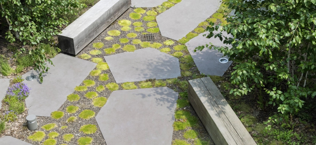 polygonale hellgraue Platten mit langen Sitzblöcken in Holzstruktur in begrüntem Innenhof