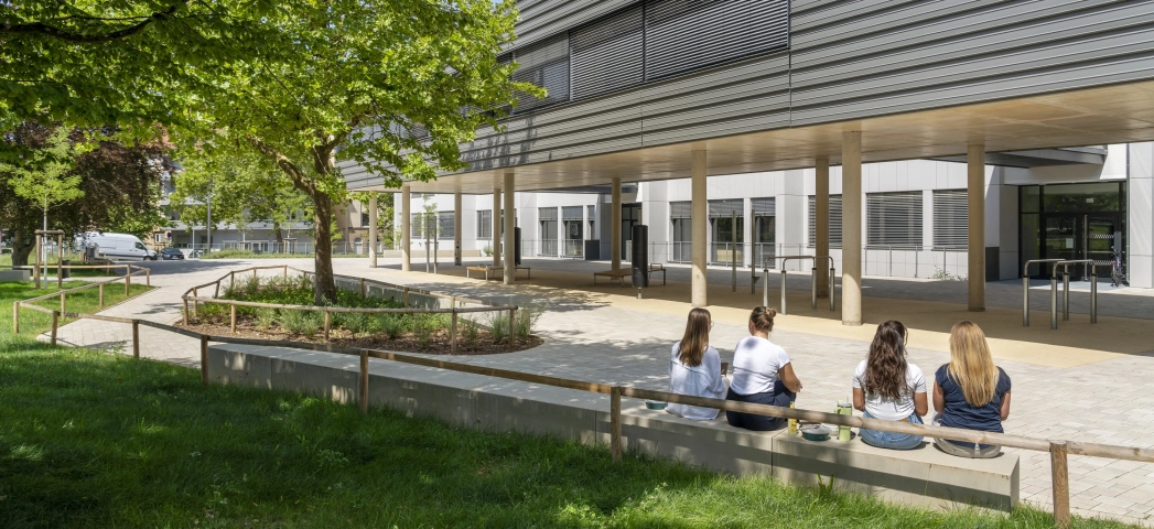 Schulhof umgeben von grünen Wiesen, Bäumen und Sitzelementen, auf welchen Kinder sich miteinander unterhalten. Im Hintergrund ist ein modernes, mehrteiliges Schulgebäude zu sehen. Der vordere Teil steht auf Betonsäulen und ist dunkelgrau verkleidet. Der hintere Teil hat eine weiße Fassade. 