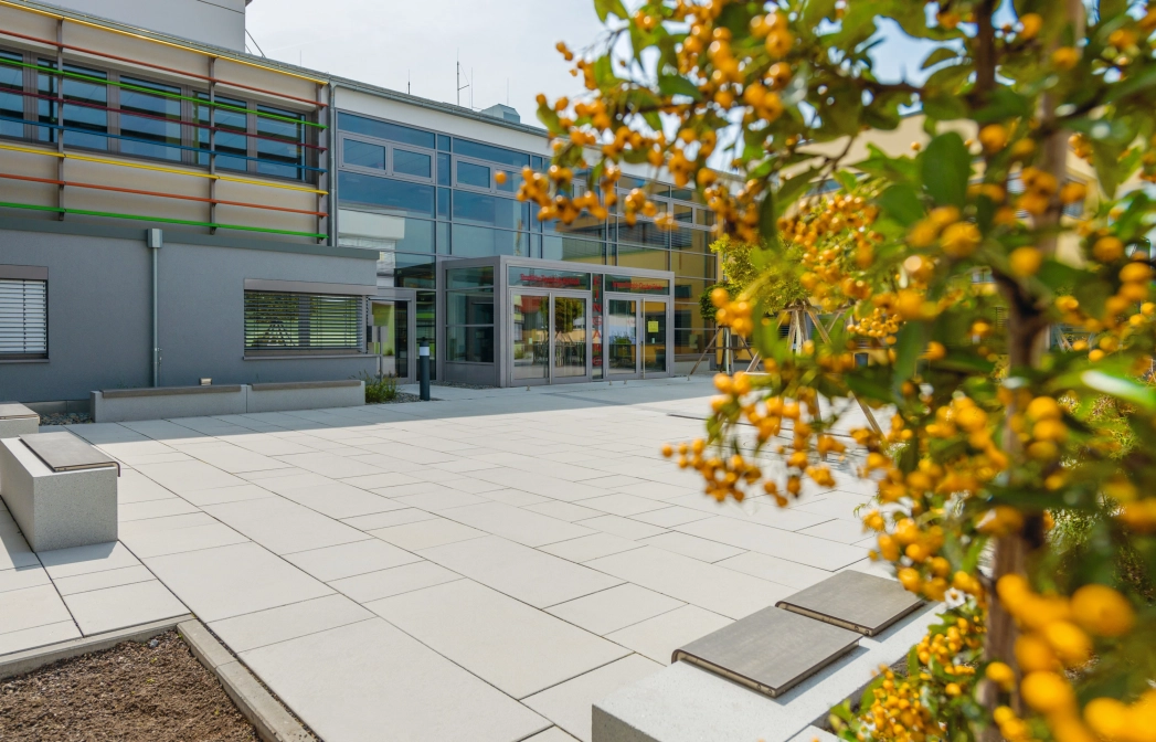 platz modern schule bepflanzt