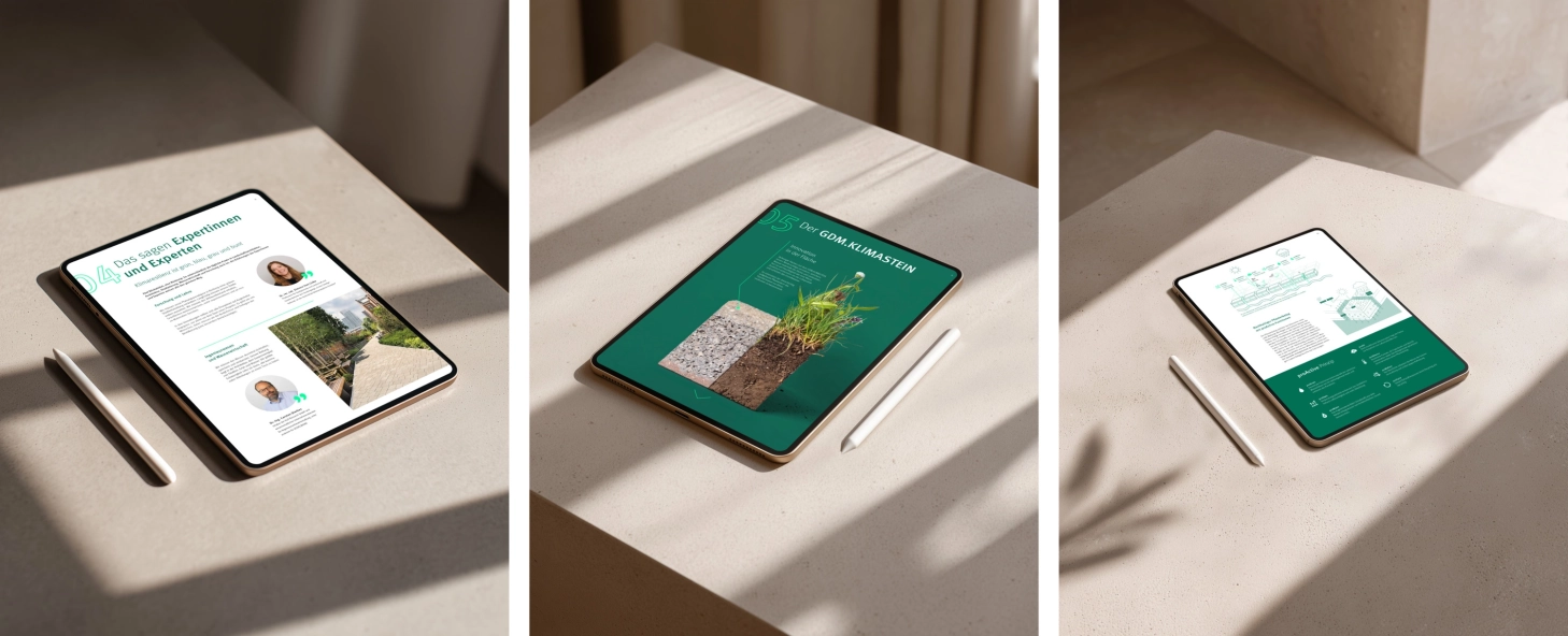 Drei Mockups eines iPads mit dem Whitepaper „Klimaschutz beginnt am Boden: Klimaresilienz als Zukunftsstrategie“