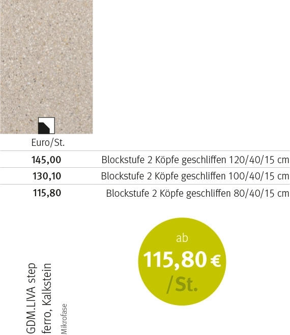 Tabelle, welche verschiedene Oberflächen, Maße und Preise der Blockstufe GDM.LIVA step zeigt