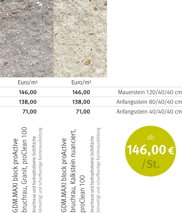 Tabellenübersicht über drei Formate, eine Oberfläche und zwei Farben.