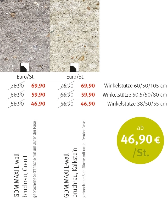 Tabellenübersicht über drei Formate, eine Oberfläche und zwei Farben.