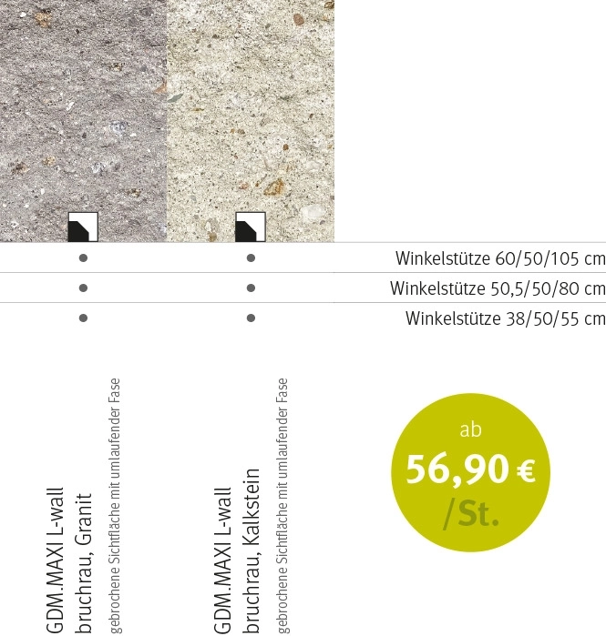 Tabellenübersicht über drei Formate, eine Oberfläche und zwei Farben.