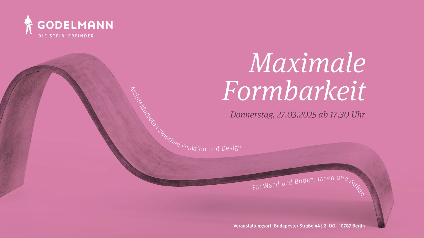 Einladungsvisual für die Veranstaltung Maximale Formbarkeit im Hintergrund ist eine geschwungene Liege aus dünnem Faserbeton abgebildet. Das gesamte Bild ist rosa eingefärbt.