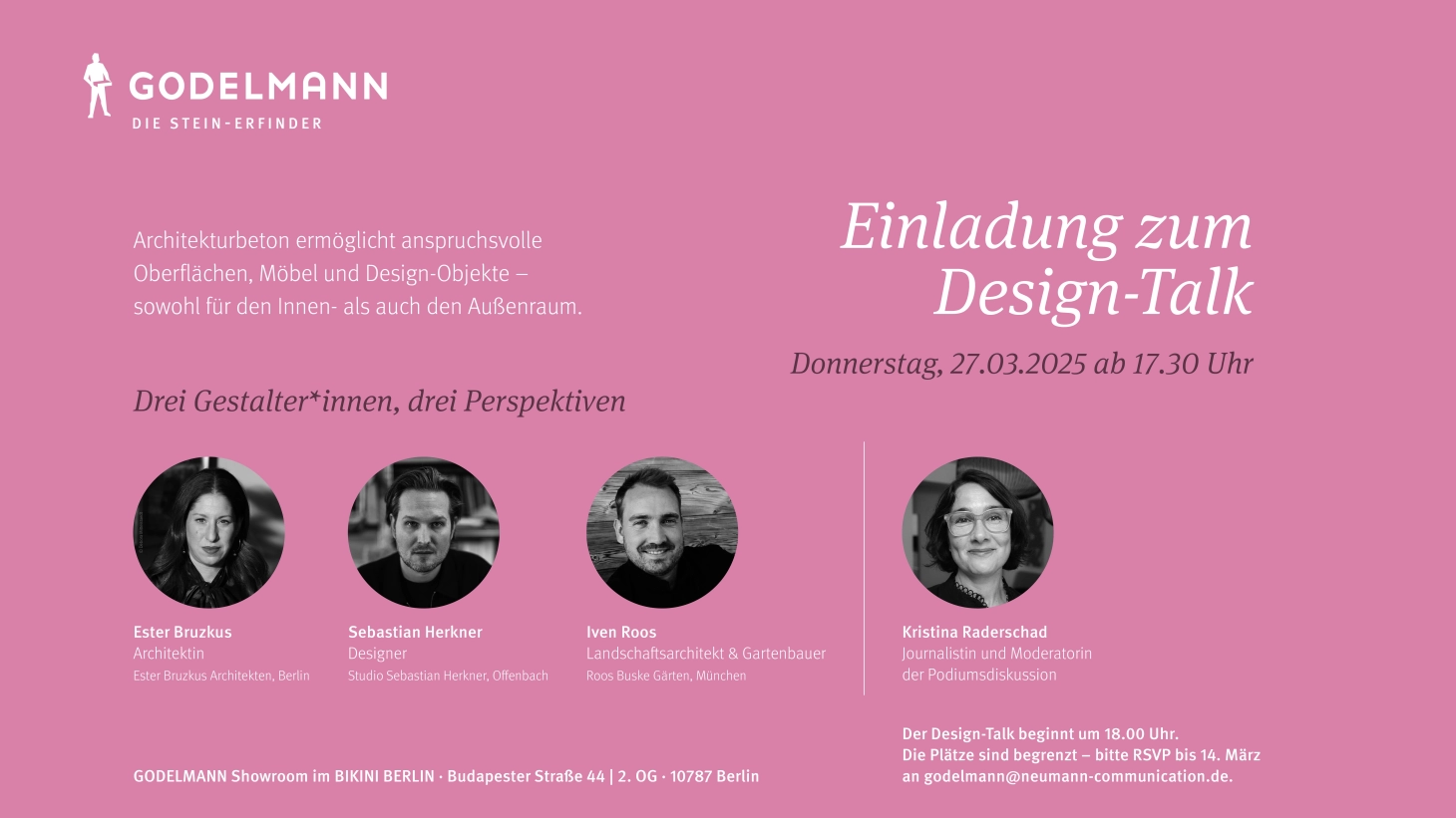 Einladungsvisual zum Designtalk Maximale Formbarkeit, auf der vier Portraitfotos der Talkteilnehmer und der Moderatorin abgebildte sind.Das gesamte Bild ist rosa eingefärbt.