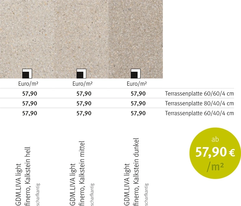 Tabelle, welche verschiedene Oberflächen, Maße und Preise der Terrassenplatte GDM.LIVA light zeigt