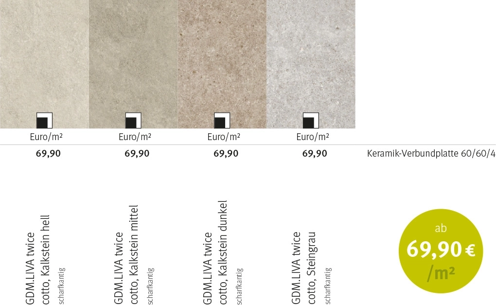 Tabelle, welche verschiedene Oberflächen, Maße und Preise der Keramik-Verbundplatte GDM.LIVA twice zeigt