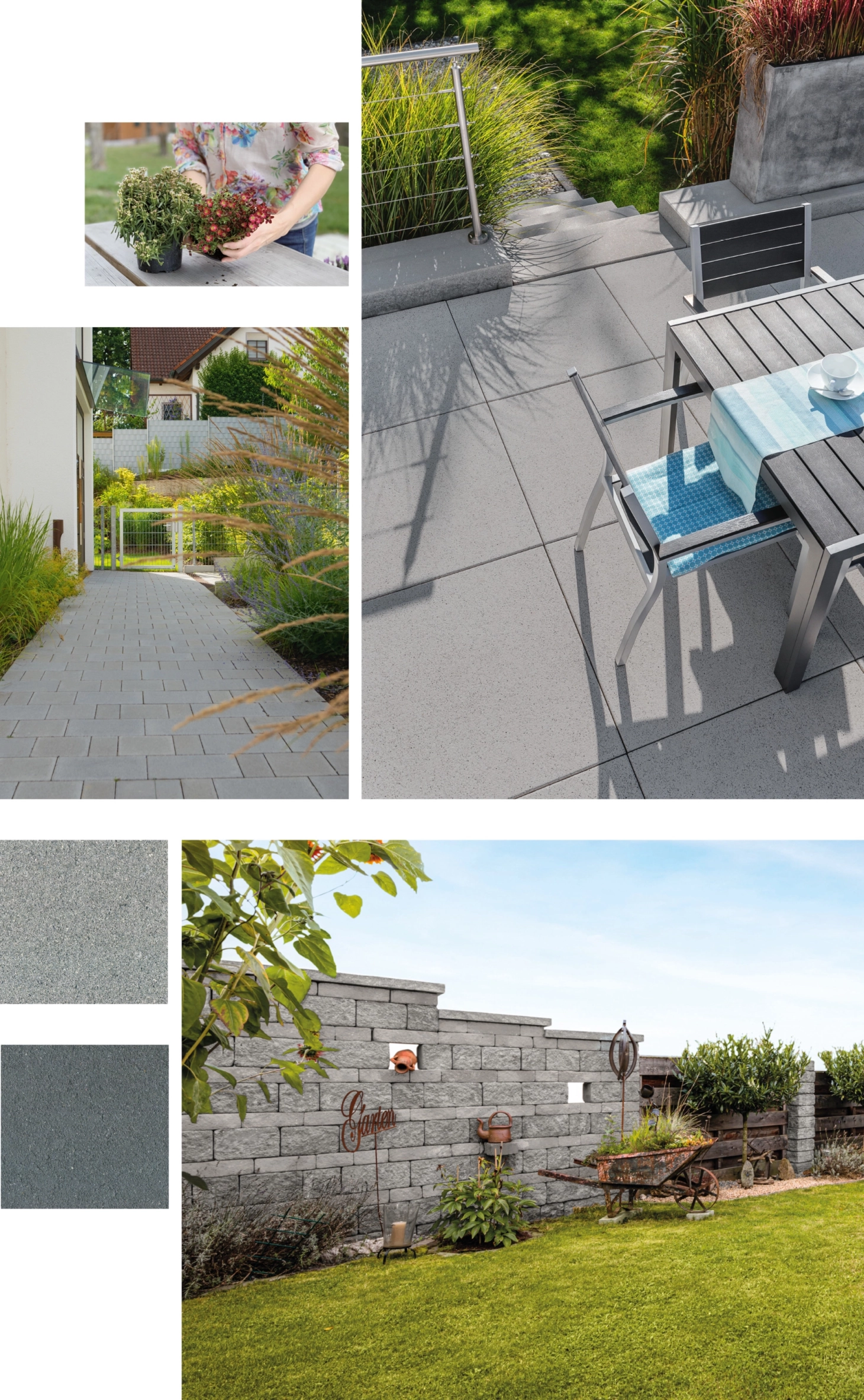 Moodboard mit zwei Oberflächenbildern und vier Objektbildern eines Privatgrundstücks.