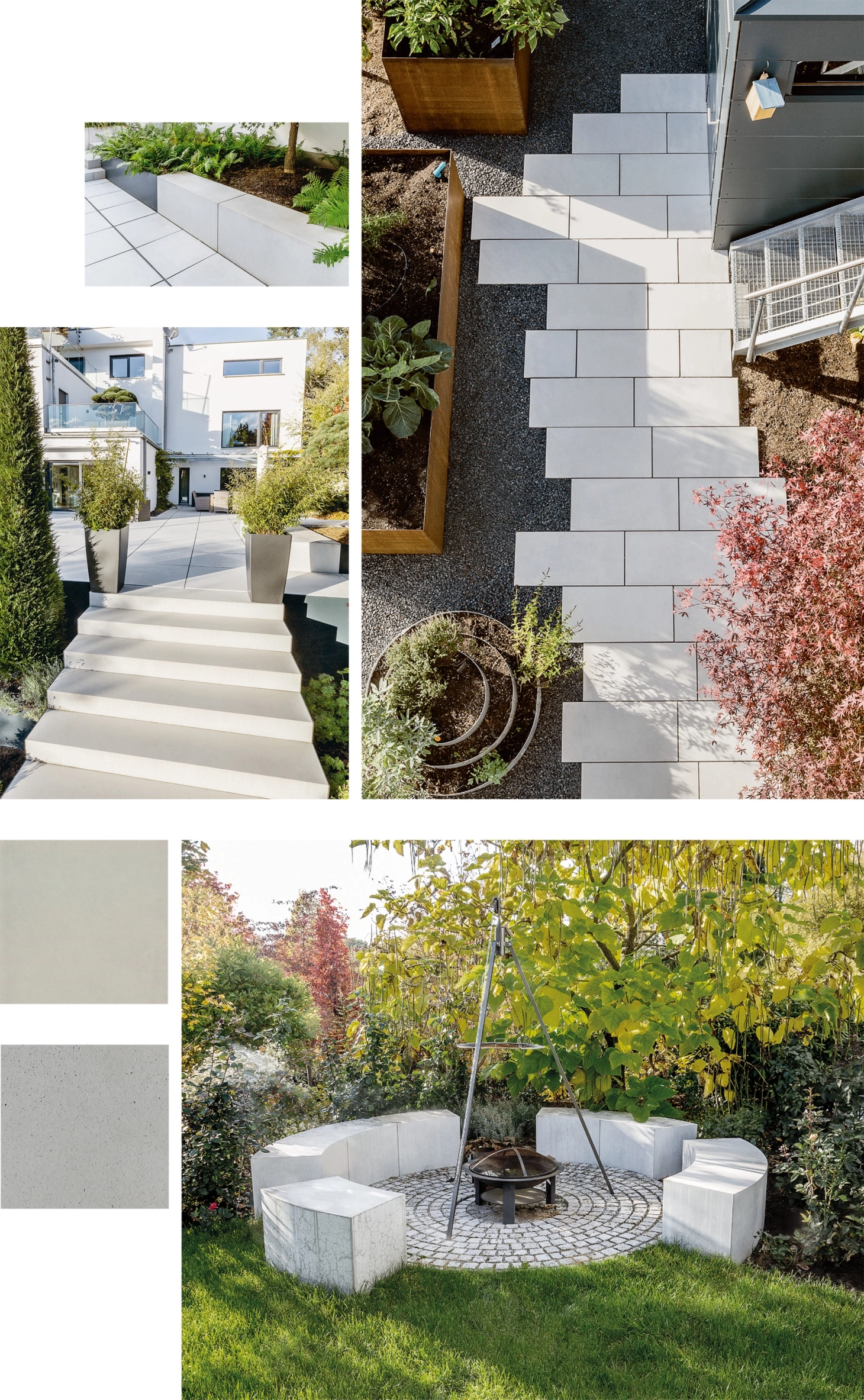 Moodboard mit zwei Oberflächenbildern und vier Objektbildern eines Privatgrundstücks in Bayern.