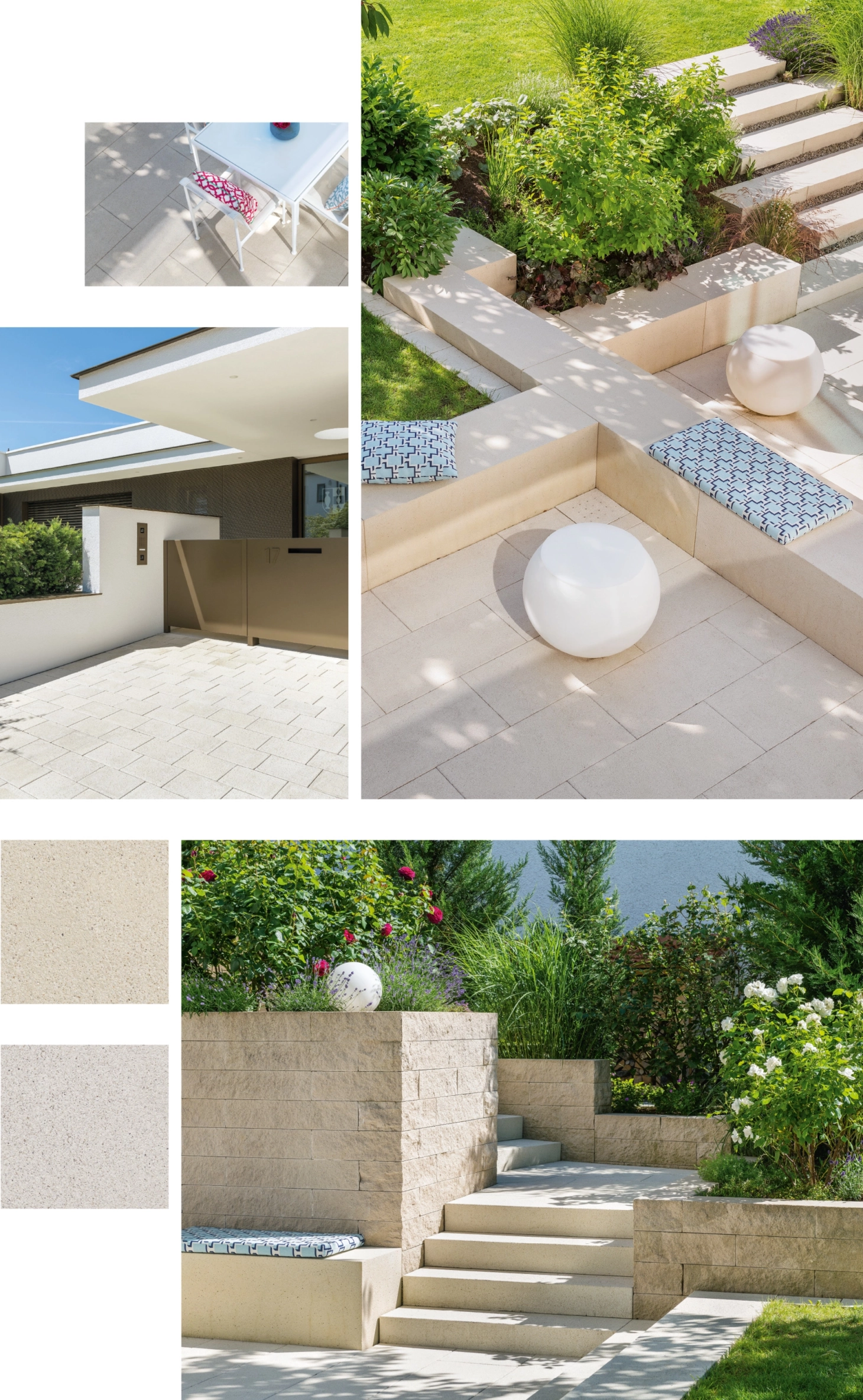 Moodboard mit zwei Oberflächenbildern und vier Objektbildern eines Privatgrundstücks in Baden-Württemberg.