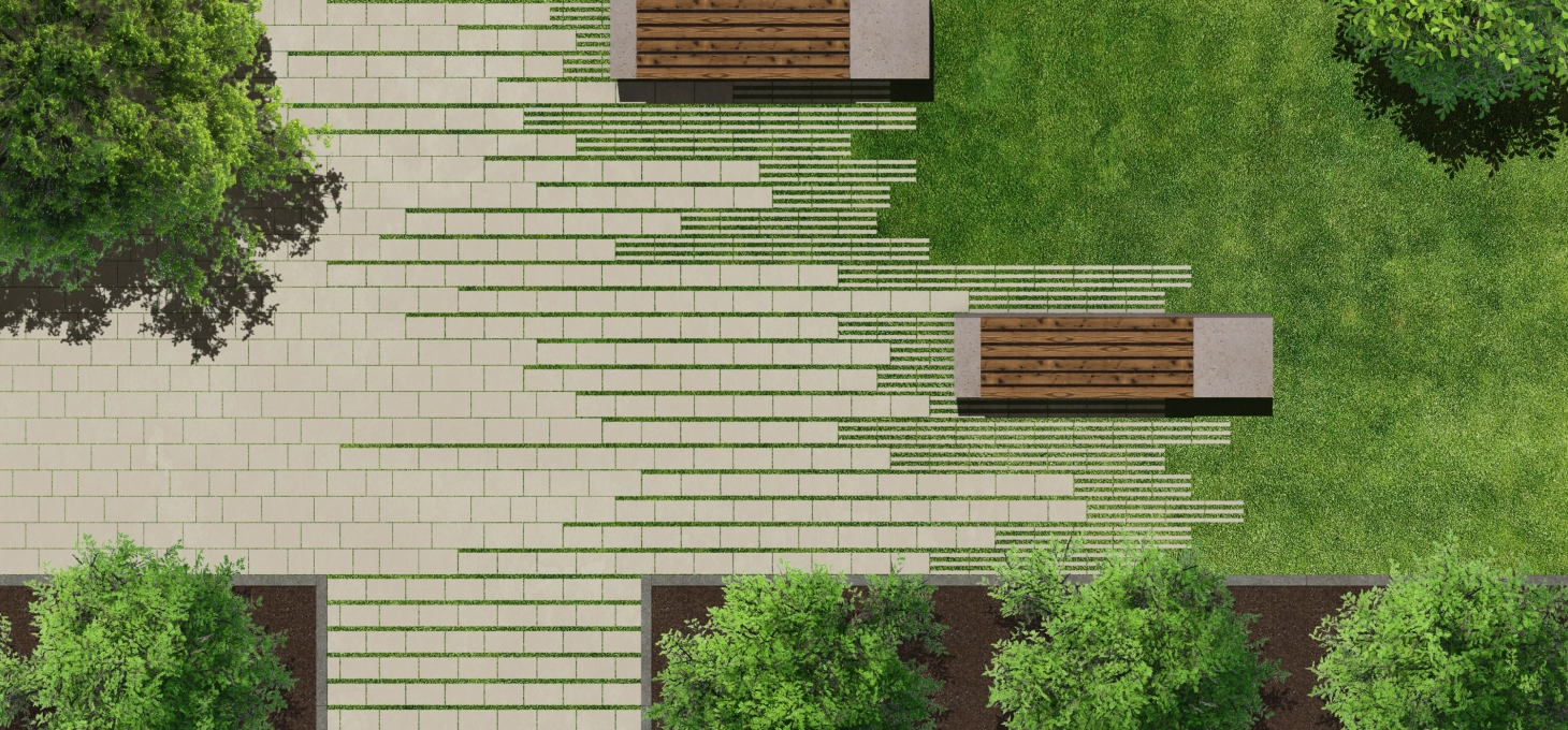 Depiction of a park based on the sponge city principle with a combination of infiltration and evaporation-capable paving stones and green lawn liner joint stones. Trees, hedges and other plants provide additional greenery for the park.