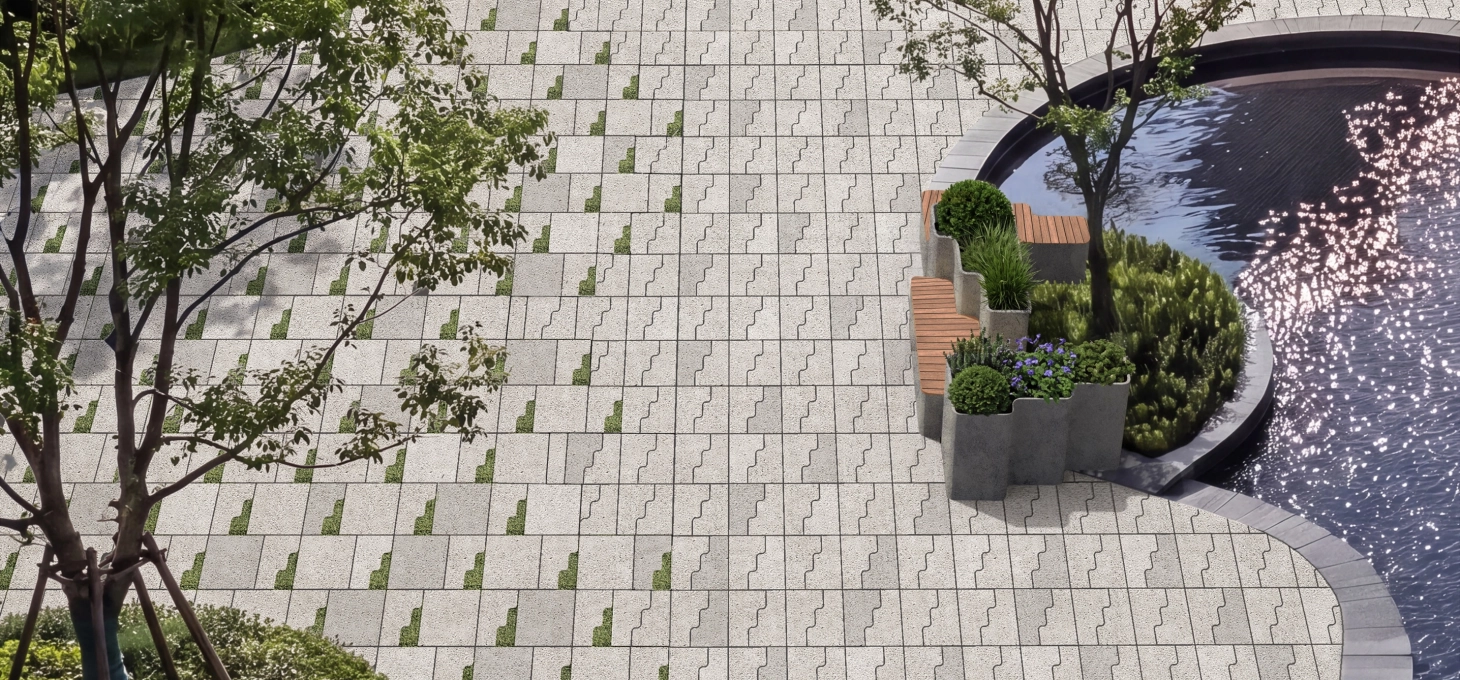 Rendering eines amorphen Stadtplatzes der mit GDM.CASCADE stone und Cascade planter ausgestattet wurde und rechts in eine Wasserfläche übergeht.