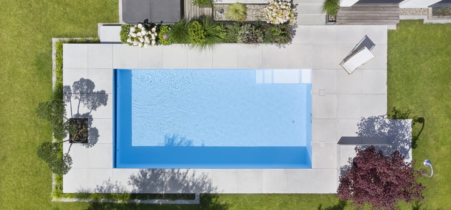 Pool terrace photographed from a bird's eye view