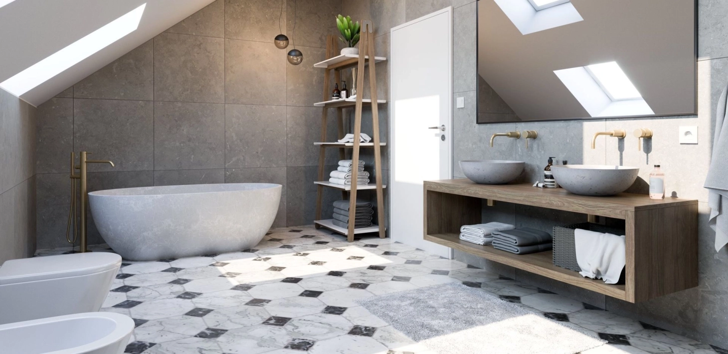 Helles Bad mit zwei Waschbecken aus Beton in der Farbe Grau