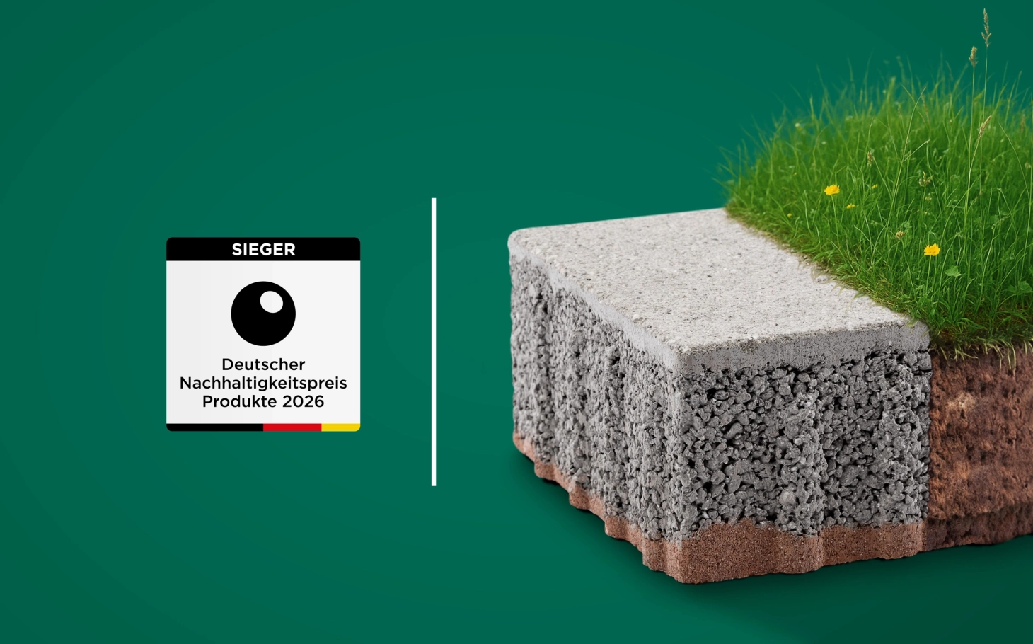 Logo des Deutschen Nachhaltigkeitspreis Produkt neben dem GDM.KLIMASTEIN, der neben einer Wiese liegt