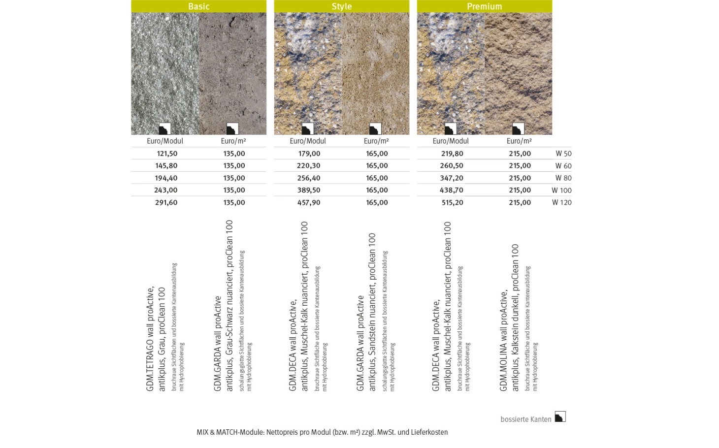 surfaces colors price table prices curated
