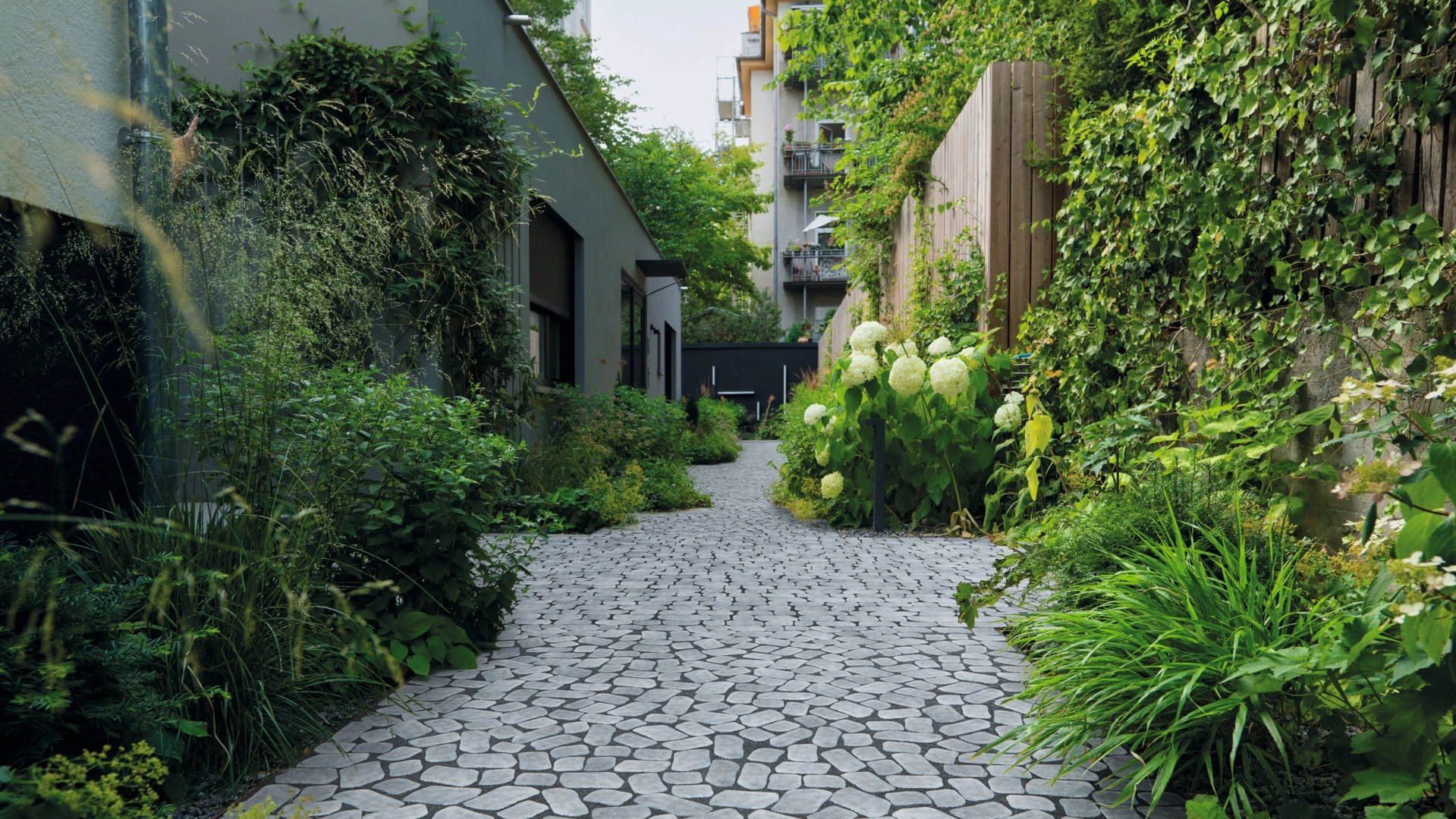A walkway surrounded by plants and trees that creates an inviting and green atmosphere.