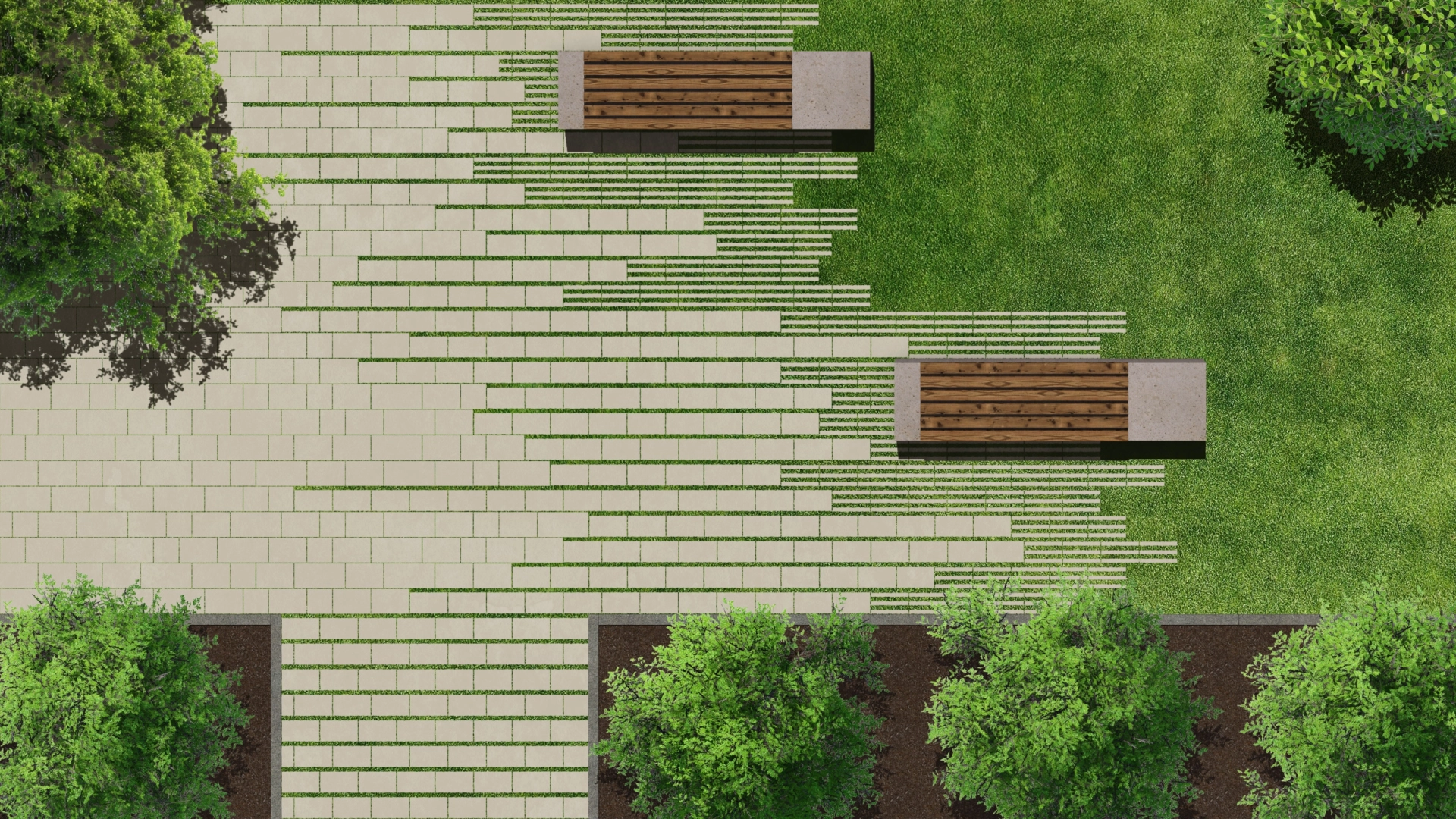 Depiction of a park based on the sponge city principle with a combination of infiltration and evaporation-capable paving stones and green lawn liner joint stones. Trees, hedges and other plants provide additional greenery for the park.