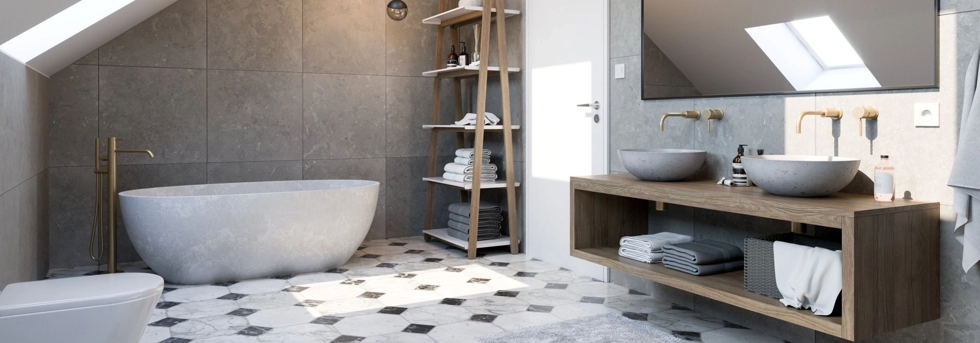 Helles Bad mit zwei Waschbecken aus Beton in der Farbe Grau