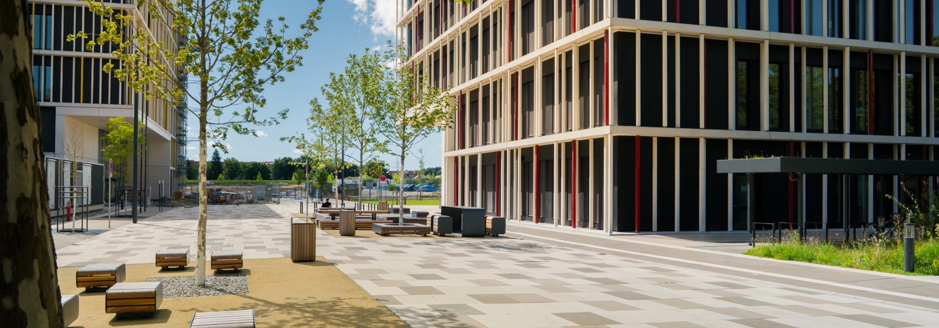 Moderner Campusinnenhof mit gepflastertem Platz, jungen Bäumen und Sitzbänken, umgeben von mehrstöckigen Bürogebäuden mit großen Fensterflächen bei sonnigem Wetter.