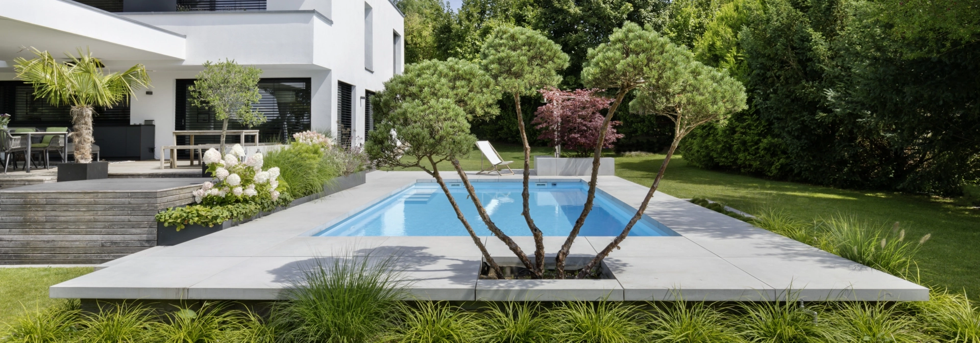 Ein begrünter Garten mit Pool und einem weißen Haus.