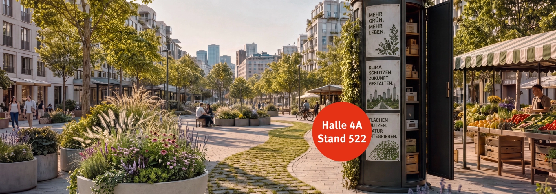 GREEN and THE CITY – grüner Stadtplatz mit begrünten Planter und begrünten Pflaster - KI generiertes Bild mit Godelmann Produkten 