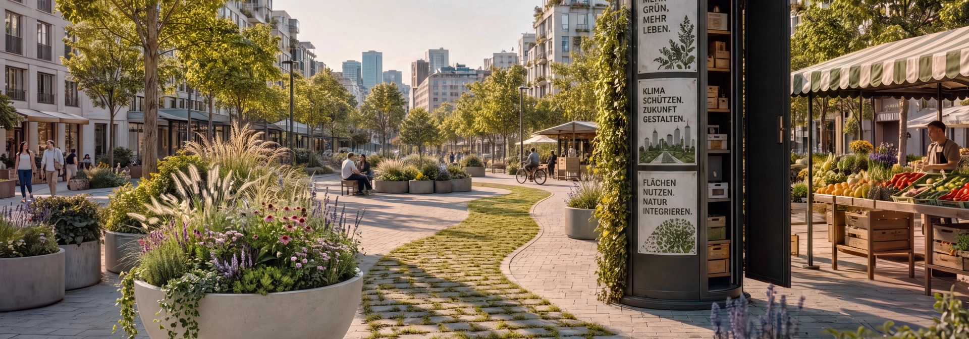 GREEN and THE CITY – grüner Stadtplatz mit begrünten Planter und begrünten Pflaster - KI generiertes Bild mit Godelmann Produkten