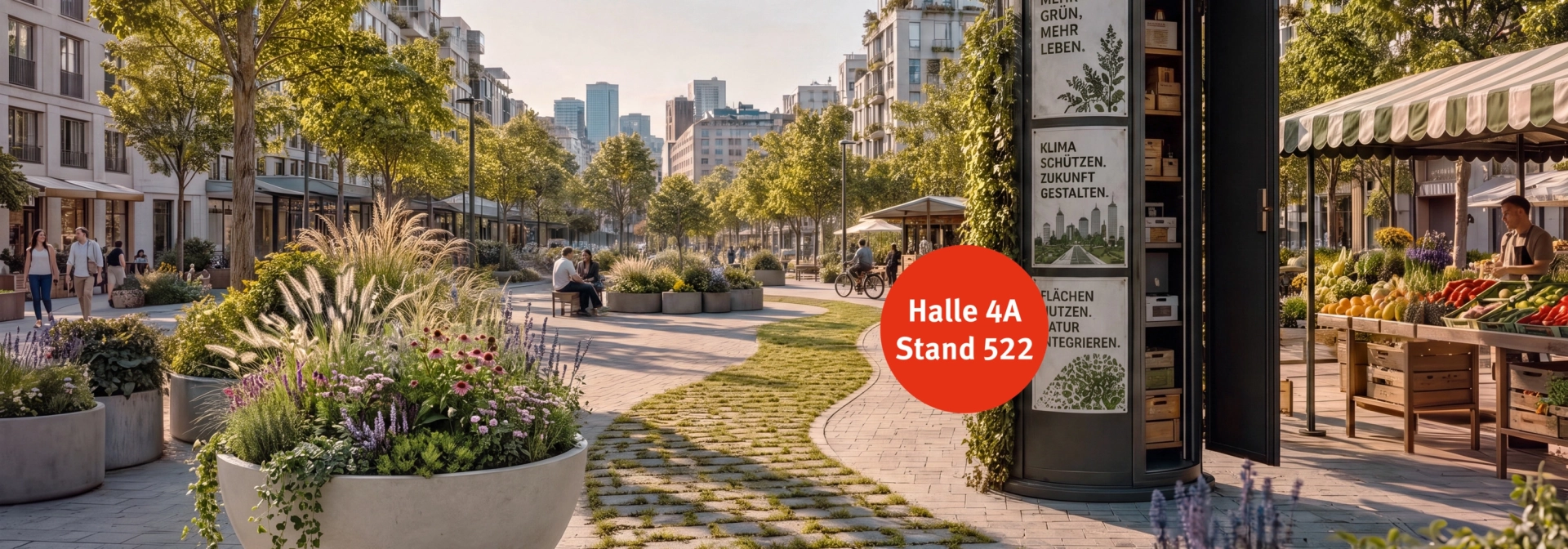 GREEN and THE CITY – grüner Stadtplatz mit begrünten Planter und begrünten Pflaster - KI generiertes Bild mit Godelmann Produkten