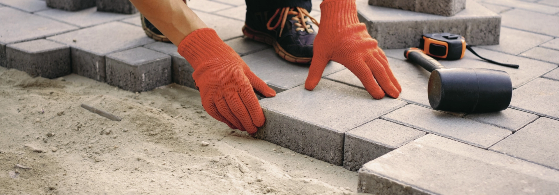 Eine Person mit roten Handschuhen verlegt graue Pflastersteine in eine Fläche. Neben ihm liegt Werkzeug, unter anderem ein Maßband und ein Gummihammer.