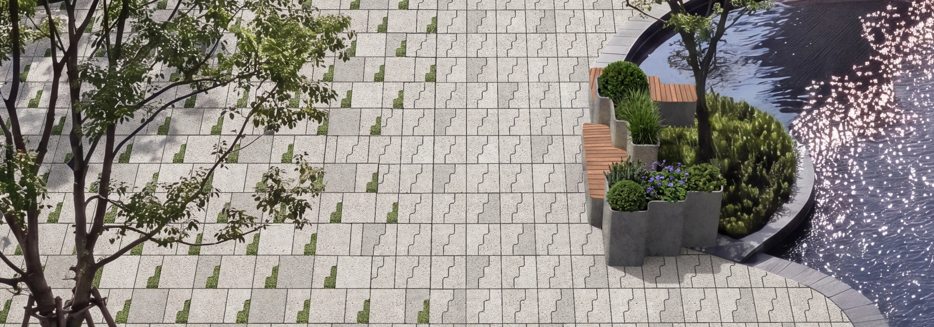 Rendering eines amorphen Stadtplatzes der mit GDM.CASCADE stone und Cascade planter ausgestattet wurde und rechts in eine Wasserfläche übergeht.