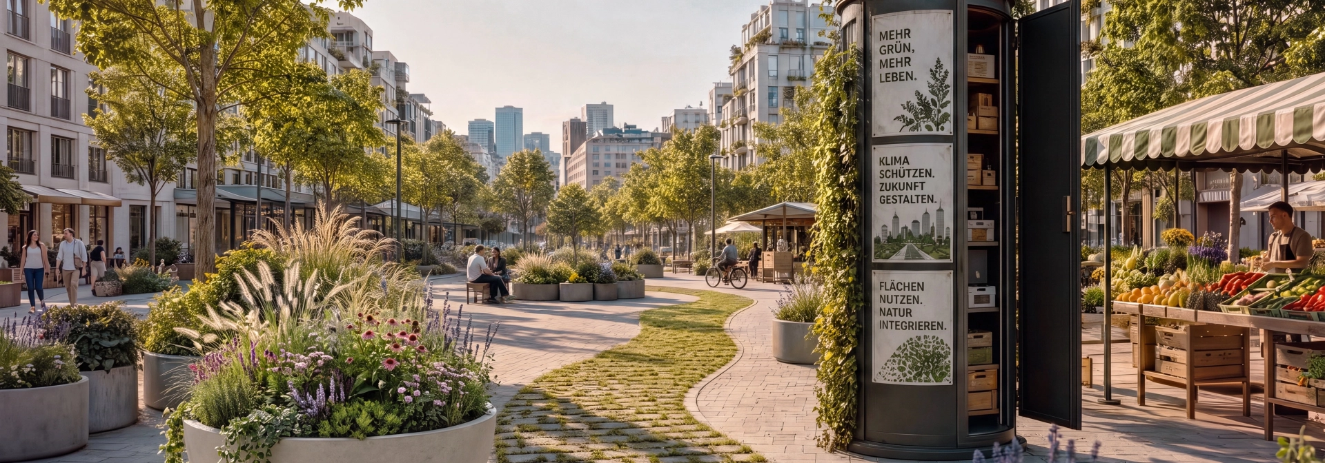 GREEN and THE CITY – grüner Stadtplatz mit begrünten Planter und begrünten Pflaster - KI generiertes Bild mit Godelmann Produkten