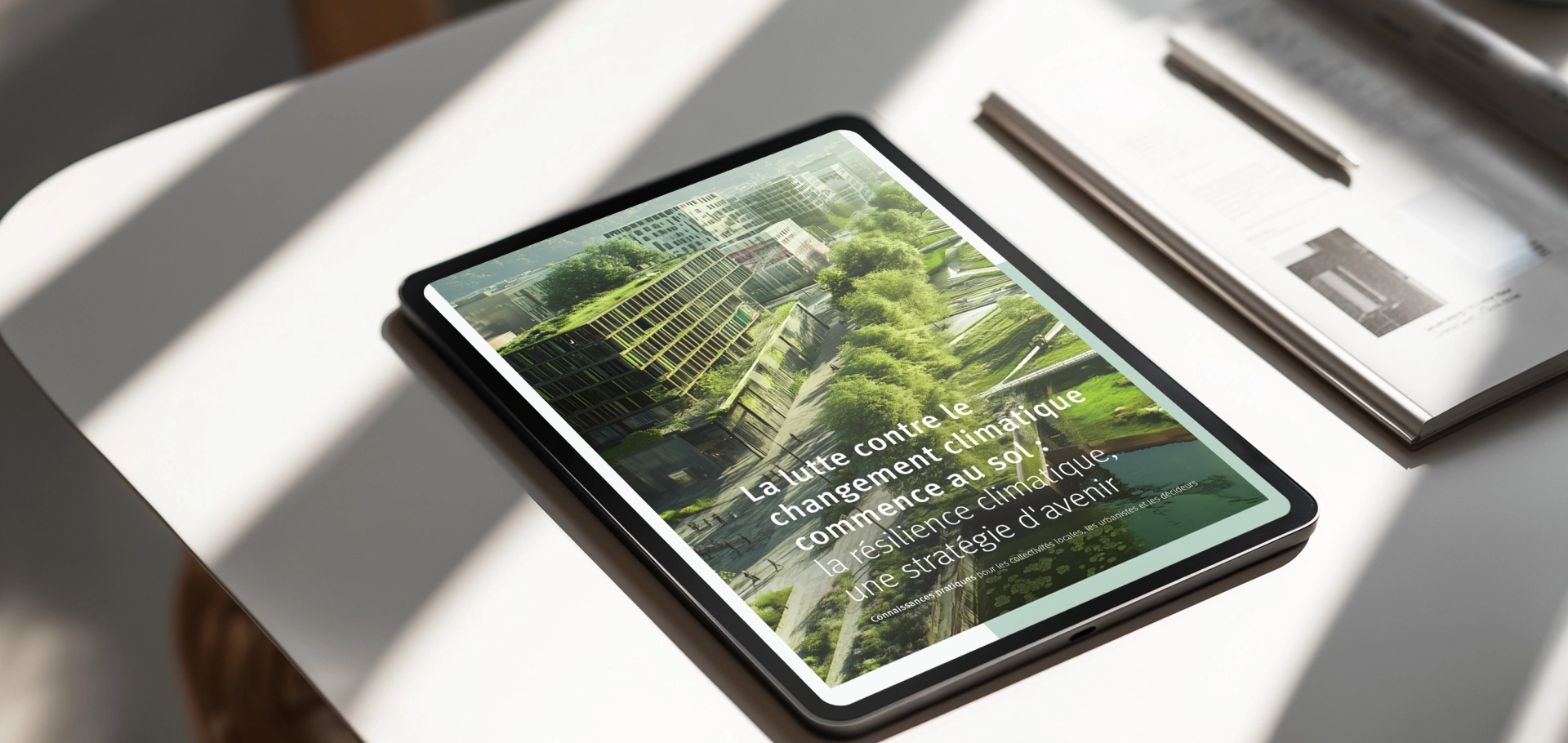 Maquette d'un iPad présentant le livre blanc « La protection du climat commence sur le terrain : la résilience climatique, une stratégie d'avenir »