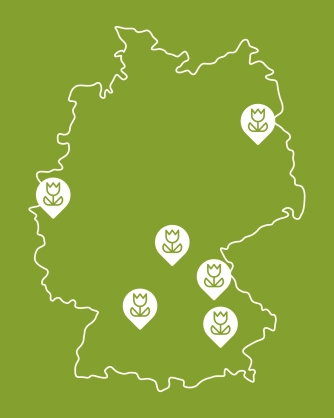 Deutschlandkarte auf der die GODELMANN Ideen-Gärten markiert sind.