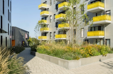 Gebäude mit heller Außenfassade und auffallenden, gelben Balkonbrüstungen. Zwischen den Gebäuden befindet sich ein großes Beete mit verschiedenen Sträuchern. Die Wege dazwischen sind mit dem basaltfarbenem GDM.SCENIC individual gepflastert.