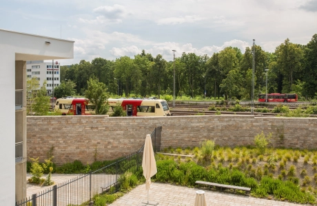 schallschutz innenhof platz mauer bepflanzt