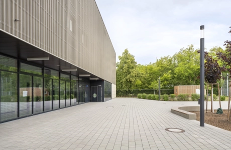 Fassade eines Schulgebäudes mit großen Fenstern. Davor ist ein grau-beigen geplasterter Platz mit Sitzelementen, Laternen und vielen Bäumen zu erkennen.