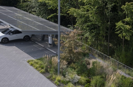 Ein Parkplatz, welcher mit anthrazit-farbenen Betonsteinen gepflastert wurde und zum Teil mit PV-Anlagen bestückten Carports überdacht ist. Die Parkfläche grenzt an einen grün sprießenden Wald mit verschiedensten Bäumen und Pflanzen.