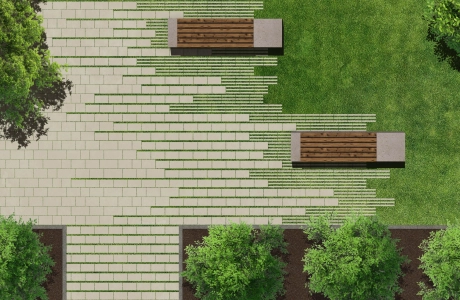Darstellung eines Parks nach dem Prinzip Schwammstadt mit einer Kombination aus versickerungs- und verdunstungsfähigen Pflastersteinen und begrünten Rasenliner-Fugensteinen. Zusätzliche Begrünung für den Park bringen Bäume, Hecken und andere Gewächse.