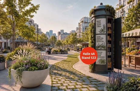 GREEN and THE CITY – grüner Stadtplatz mit begrünten Planter und begrünten Pflaster - KI generiertes Bild mit Godelmann Produkten 