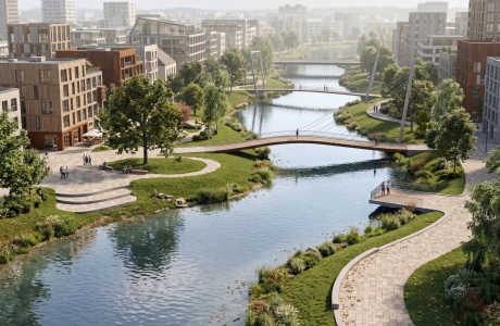 Luftaufnahme einer gürnen Schwammstadt, durch welche ein breiter Fluss fließt und alle wege mit dem GDM. KLIMASTEIN gepflastert sind. Dieser speichert Wasser und sorgt damit für deutlich kühlere Städte.