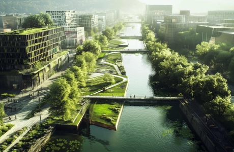 Die Stadt der Zukunft verbindet Bestand und blau-grüne Infrastruktur zu einem lebenswerten urbanen Umfeld.