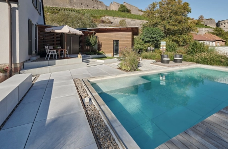 Home garden with pool and XXL patio slabs