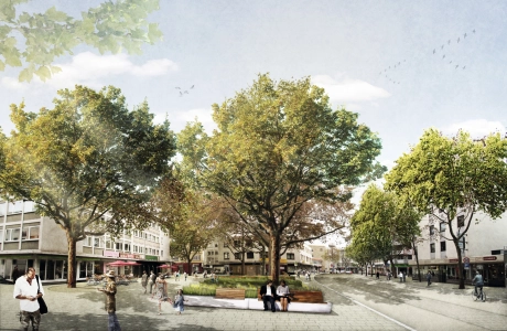 Rendering einer Stadtsituation mit verdunstungsaktiven Klimasteinen und grünen Bäumen